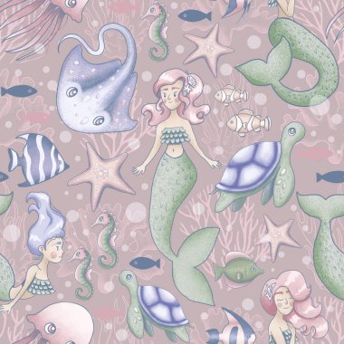 seamless pattern with mermaid, sea animals and fish - pink background clipart