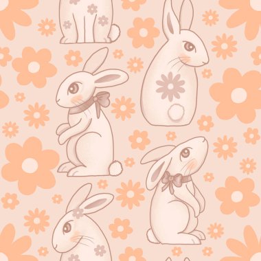 Tavşan ve çiçekli kusursuz desen - bej arkaplan