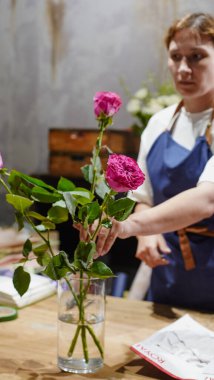 Bir çiçekçi çiçekçide pembe güllerden bir buket yapar. Küçük bir iş. Yakın plan.