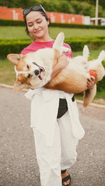 Bir kız, gülümseyen Corgi köpeğini parkta kollarında taşıyor. Yumuşak odaklanma. Yakın plan