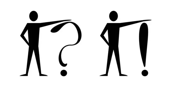 Siyah siluet. İnsanoğlu. Soru işareti ve ünlem işareti. Görüntü.