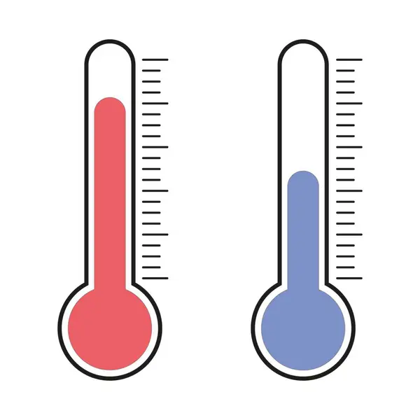 Sıcaklık karakter seti. Sıcaklık simgeleri ayarlandı. Mavi-kırmızı gradyan ölçülü termometre. İklim kontrolü, düz hava ikonu. EPS 10. Vektör illüstrasyonları