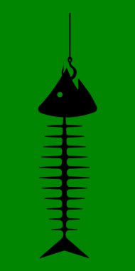 İskelet balık kemikleri. Ölü bir balığın iskeleti, Bones. Oltayla balık avlamak. Denizci, suda yaşayan hayvanlar. Siyah düz desen. Vektör illüstrasyonları