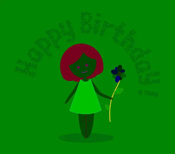 Doğum günü tebrikleri. Çiçekli kızıl saçlı kız doğum gününü kutluyor. Çizgi film tarzında illüstrasyon. EPS 10. Vektör illüstrasyonları