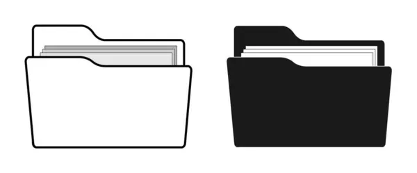 Dosyalar için dizinler. İçinde belgeler olan bir ofis dosyası koleksiyonu. Dijital verilerin açık bir klasörü. Siyah beyaz klasörlerden oluşan bir kolleksiyon. Simge seti, logo. EPS 10. Vektör illüstrasyonu