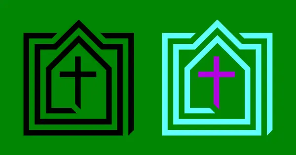 Kilise amblemi. Kilisenin logosu. Minimalist kilise ikonu. Haçlı bir gotik kilise logosunun siyah-beyaz tasarımı ya da dini organizasyonların mimarisi. EPS 10. Vektör illüstrasyonu