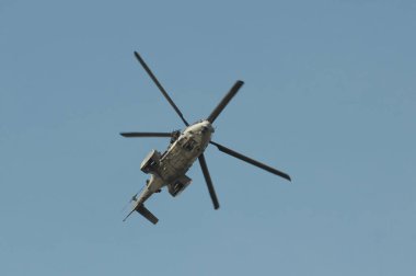 NAKHON PATHOM, THAILAND - January 14, 2023 : Air Show Eurocopter EC725 Caracal, The helicopter  for troop transport, casualty evacuation, and combat search and rescue duties in national children day.