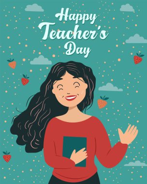 Tatlı çizgi film çocuğu ve kalp vektörü illüstrasyonlu mutlu öğretmenler günü kartı