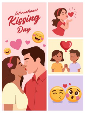 Düz resimde öpüşen bir çift, emojiler ve kırmızı ve sarı tonlarda kalpler var.