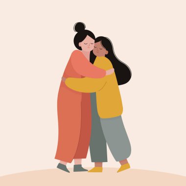 Genç bir kadın annesine sarılıyor. Mutlu uluslararası kadın konsepti