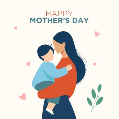 Mutlu anneler günü tasarımı, mavi arka plan üzerinde anne ve çocuk dekorasyonu, vektör illüstrasyonu, vektör illüstrasyonu