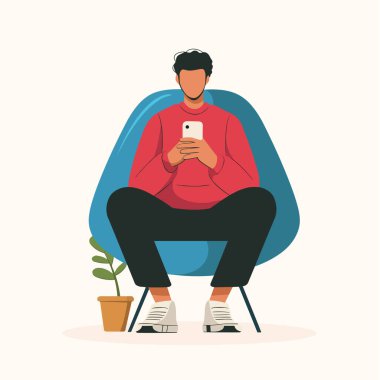Genç adam oturma odasında akıllı telefon kullanıyor. Sosyal medya. vektör illüstrasyonu.