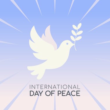 Açık mavi eğimli arka plan, üzerinde Uluslararası Barış Günü yazılı bir zeytin dalı taşıyan stilize beyaz güvercin var.