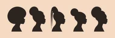 Açık bej arka planda beş koyu kahverengi kadın silueti her biri farklı saç stilini gösteriyor..