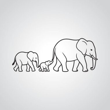 Beyaz arka planda yürüyen üç fil ailesinin siyah çizgi çizimi