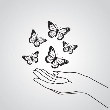 Açık gri arka planda, bir elin üzerinde beş kelebeğin siyah çizgi çizimi.