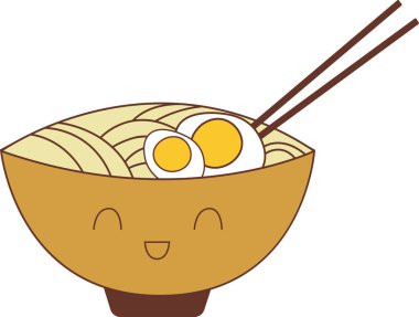 Simple and cheerful illustration of a smiling ramen bowl filled with noodles and eggs, accompanied by chopsticks on a white background.  clipart