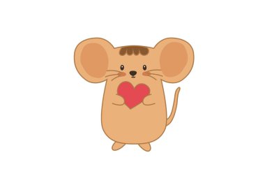 Kırmızı bir kalple ayakta duran çizgi film faresi, Sevgililer Günü için mükemmel, çocuk sanatı, ya da aşk ve nezaket teması. 