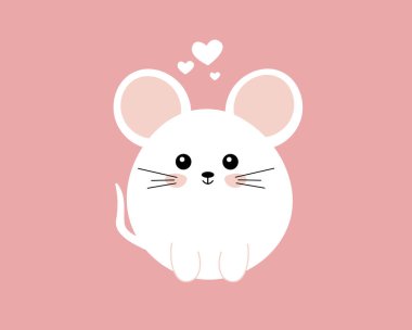 Pembe arka planda küçük kalplerle çevrili beyaz bir farenin minimalist çizimi, Sevgililer Günü teması için mükemmel.. 
