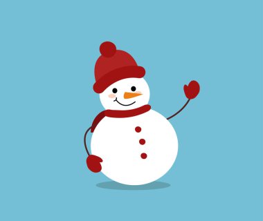 Açık mavi arka planda kırmızı şapka ve eşarp takan neşeli bir kardan adamın çizgi film çizimi, kış temaları için mükemmel.. 
