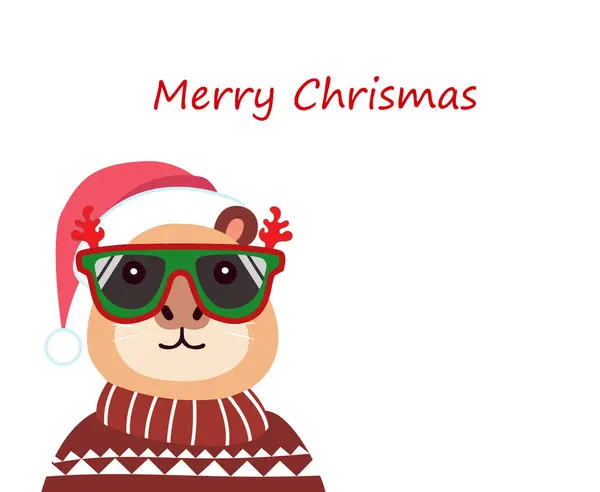 Güneş gözlüklü şirin bir hamster, Noel Baba şapkası ve beyaz arka planda Mutlu Noeller mesajı olan neşeli bir süveter.. 