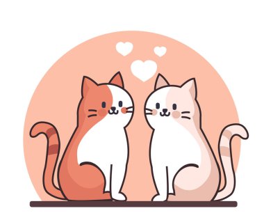 Two cats sitting close with hearts above, on a peach background, representing love, companionship, and affection.  clipart