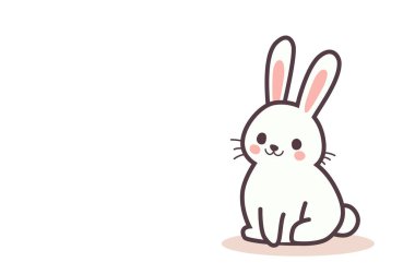 Beyaz bir arka planda oturan sevimli çizgi film tarzı tavşan, neşeli bir ifadeyle basit ve minimalist bir tasarıma sahip.. 