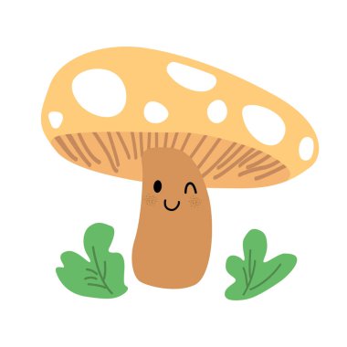 Playful cartoon mushroom with a yellow polka-dotted cap, brown stem, and green leaves on a white background.  clipart