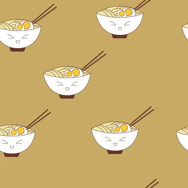 Gülümseyen yüzler, yemek çubukları ve bej arka planda kaynamış yumurtalar olan kusursuz ramen erişte kaseleri, neşeli ve eğlenceli.. 