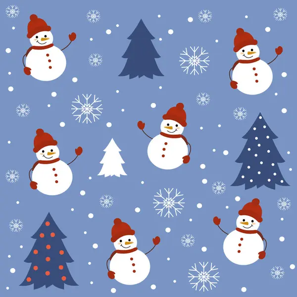 Mavi arka planda neşeli kardan adamlar, kar taneleri ve Noel ağaçları olan kusursuz desenler, şenlik tasarımları için mükemmel.. 
