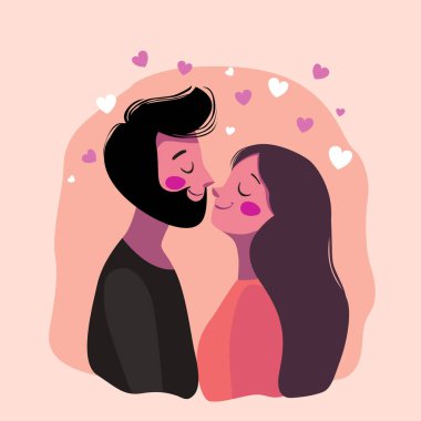 Kadın ve erkek gülümsüyor ve şeftali arka planda pembe kalplerle çevrili. Sevgililer Günü tebrik kartları ve tasarım konsepti. Vektör illüstrasyonu