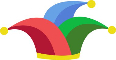 Vibrant illustration of a jester hat with red, green, and blue panels and yellow pom-poms, perfect for festive themes. Vector illustration clipart