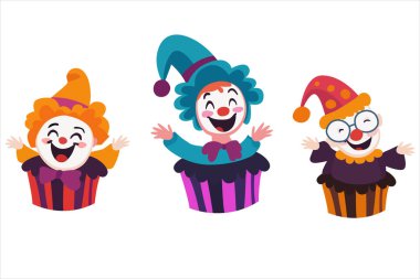 Beyaz arka planda üç palyaço keki. Vektör illüstrasyonu