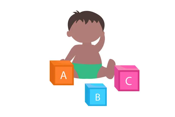 A, B ve C vektör illüstrasyonları etiketli renkli alfabe blokları olan genç bir bebek oturuyor.