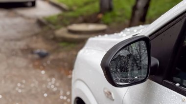 Su damlacıkları, yağmurlu bir günde yeşil kaldırımı çevreleyen kentsel bir ortamda huzurlu bir anı yakalayan bir araba aynasında toplanır..