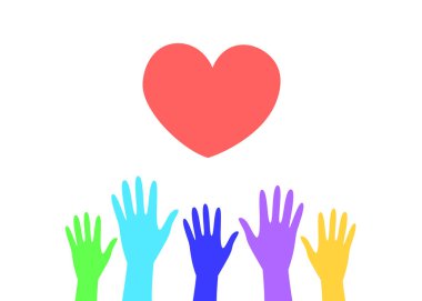 Beş renkli el, birlik, şefkat ve hayırsever çabaları ifade eden büyük kırmızı bir kalbe doğru yükseliyor. Yüksek kalite fotoğraf