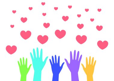 Yükselen çeşitli eller, sevgi, cömertlik ve kollektif çabayı simgeleyen yüzen kalplere doğru uzanır. Vektör illüstrasyonu
