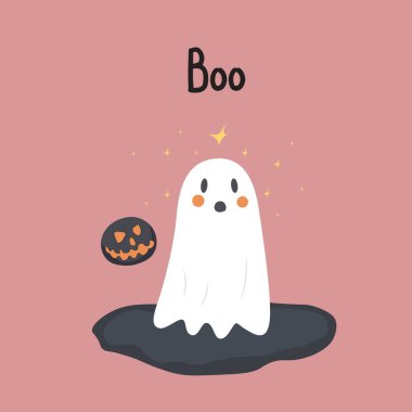 Pembe arka planda sevimli beyaz bir hayalet resmi. Mesaj Boo ve parlak balkabağı suratlı. Cadılar Bayramı teması için ideal. Vektör illüstrasyonu