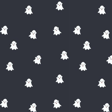 Siyah arka planda küçük beyaz çizgi film hayaletlerinin tekrar eden desenleri. Cadılar Bayramı duvar kağıtları, kumaş veya web tasarımı için mükemmel. Vektör illüstrasyonu