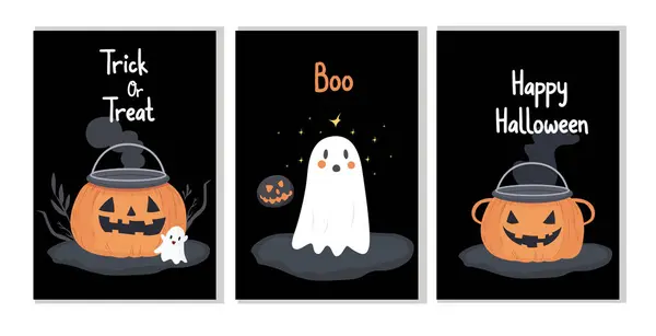 Cadılar bayramı tebrik kartı. Çizgi film hayaleti, balkabağı, cadı ve hayalet.