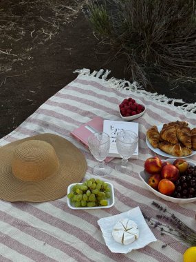 Meyveli, peynirli, kruvasanlı ve güneş şapkalı piknik seti..