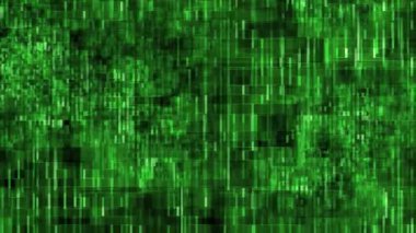 Dikey yeşil çizgiler ve piksel desenleri, matris kodu ve dijital veri akışlarına benzeyen soyut 4K animasyonu. Yüksek kalite 4k görüntü