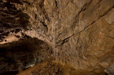 Punkva Mağarası 'nın içi aydınlanmış sarkıtlar, dikitler ve kireçtaşı oluşumlarıyla dolu, Moravian Karst, Çek Cumhuriyeti.