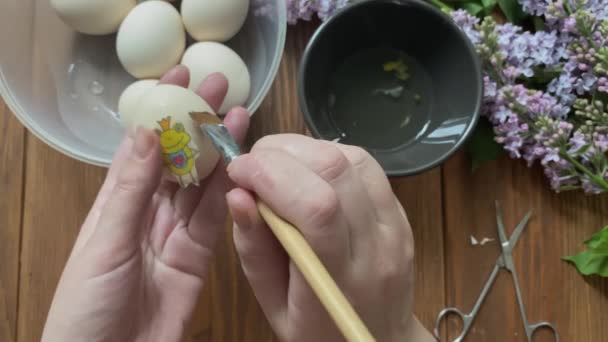 Decoupage Huevos Pascua Las Manos Las Mujeres Sumergen Cepillo Líquido — Vídeos de Stock