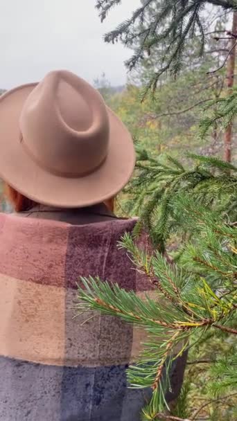帽子とスカーフの赤い髪の女性は崖の端に松の近くに立っており 岩の多い山や森の中の湖を見ています 川の周りの秋の木 曇りの日に自然公園を歩く — ストック動画