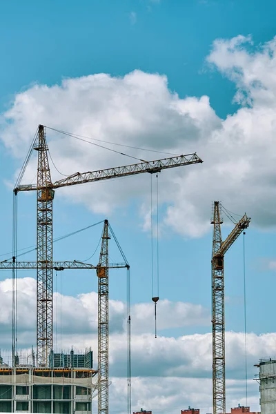 Bulutlu gökyüzünün arka planında endüstriyel vinçler var. Turnalar ve yeni şehir bölgelerinin çok katlı binaları çekiliyor. Kopya alanı olan inşaat alanı arkaplanı.