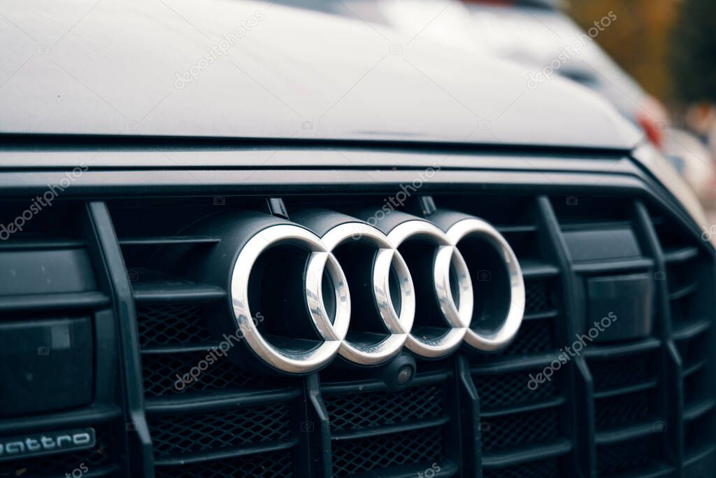 Detailed shot capturing the Audi emblem on the cars hood. BISHKEK, KYRGYZ REPUBLIC - 26 SEPTEMBER 2021