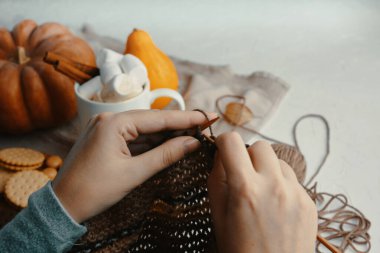 Elleri sonbahar süslemeleri, bisküviler ve sıcak bir içecek arasında örgü örüyor. Sıcak bir sonbahar sahnesi yaratıyor.