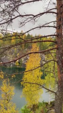 Göllü mermer kanyon. Gölet kayalık dağlar ve kozalaklı ormanlarla çevrilidir. Farklı renklerde sonbahar ağaçları. Doğa manzarası. Korunan parkın içinden yürü.