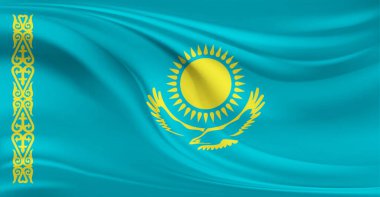 Kazakistan bayrağı havada dalgalanıyor.